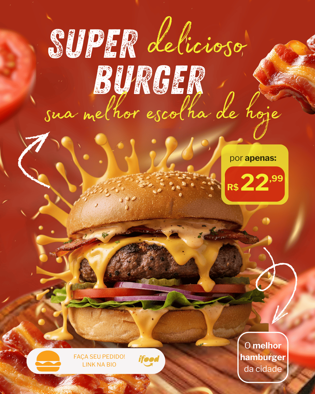 na imagem mostra uma arte digital para hamburgueria e venda de alimentos