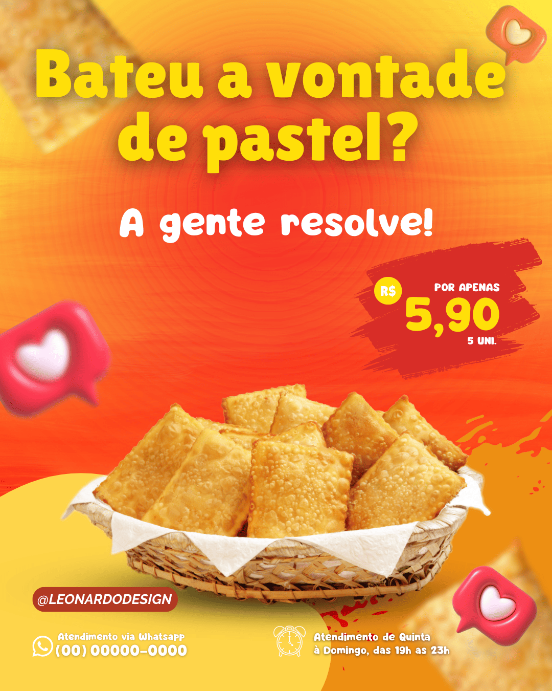 na imagem mostra uma arte digital para para vendedores de alimentos,na foto aparece pastel frito e os preços