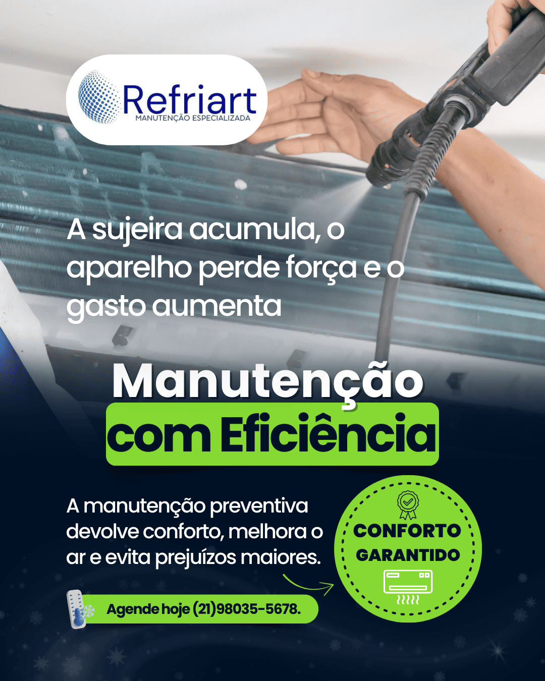 na imagem mostra uma arte digital para post prestador de serviço de ar condicionado para divulgar seus trabalhos no instagram e redes sociais